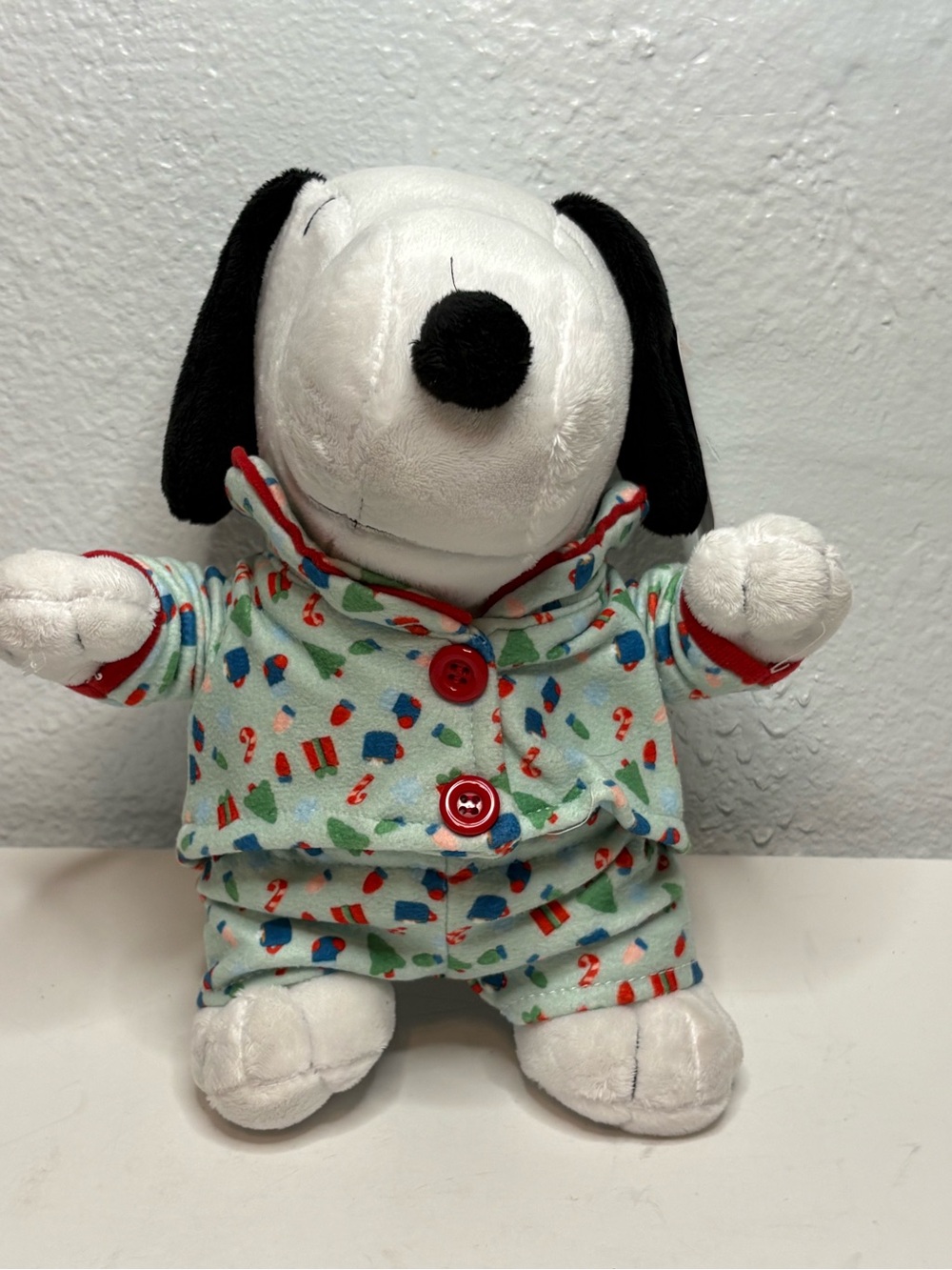 Plush Snoopy-Inspired Pajama Dog Toy - White and Black with Patterned Pajamas